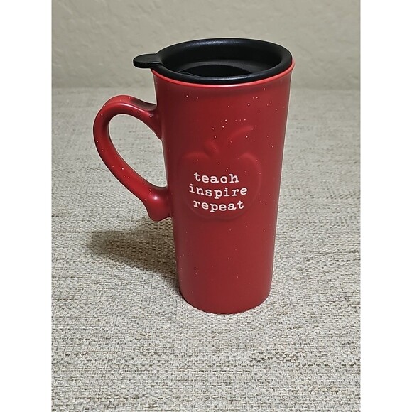 TEACHER Travel Mug W/Lid Red Apple “TEACH, INSPIRE, REPEAT” 18 Oz Stoneware NEW - Picture 7 of 8